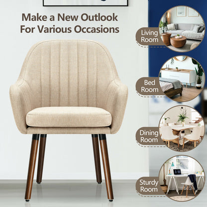 Set of 2 Linen Upholstered Armchairs with Natural Wood Legs and Padded Seat in Beige