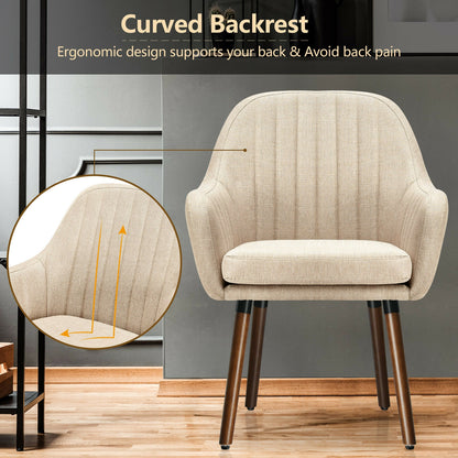 Set of 2 Linen Upholstered Armchairs with Natural Wood Legs and Padded Seat in Beige