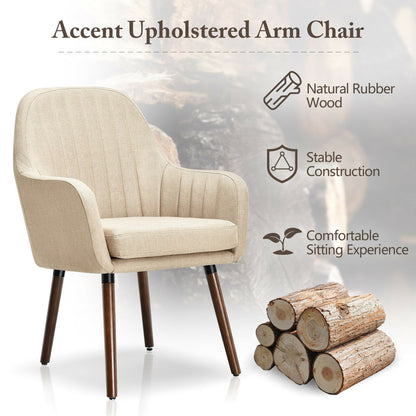 Set of 2 Linen Upholstered Armchairs with Natural Wood Legs and Padded Seat in Beige