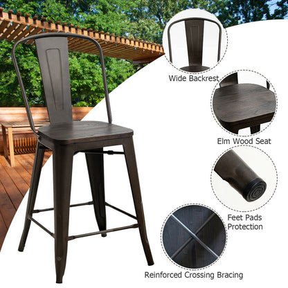 Set of 4 Industrial Metal Counter Height Dining Chairs with Removable Backrest, Dark Brown