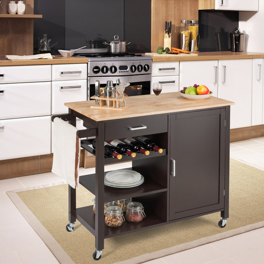 Rolling Kitchen Island Cart with Wood Top and Storage Shelves - Brown