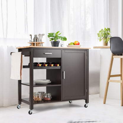 Rolling Kitchen Island Cart with Wood Top and Storage Shelves - Brown