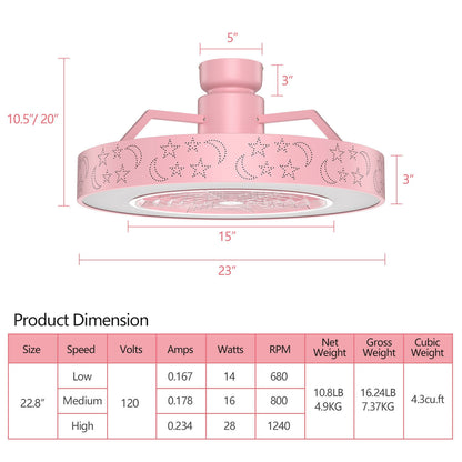23 Inch Starry Sky Ceiling Fan with Dimmable LED Light & Remote Control – Pink