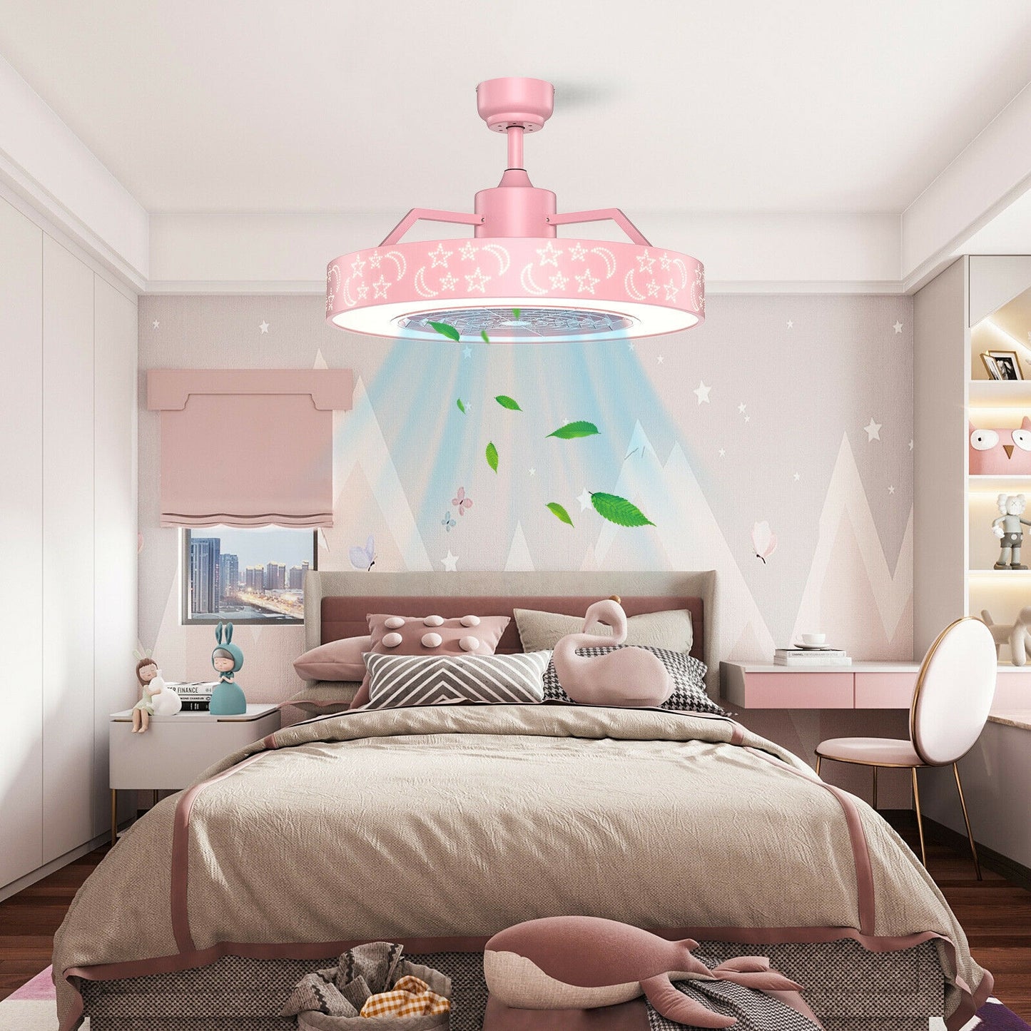 23 Inch Starry Sky Ceiling Fan with Dimmable LED Light & Remote Control – Pink