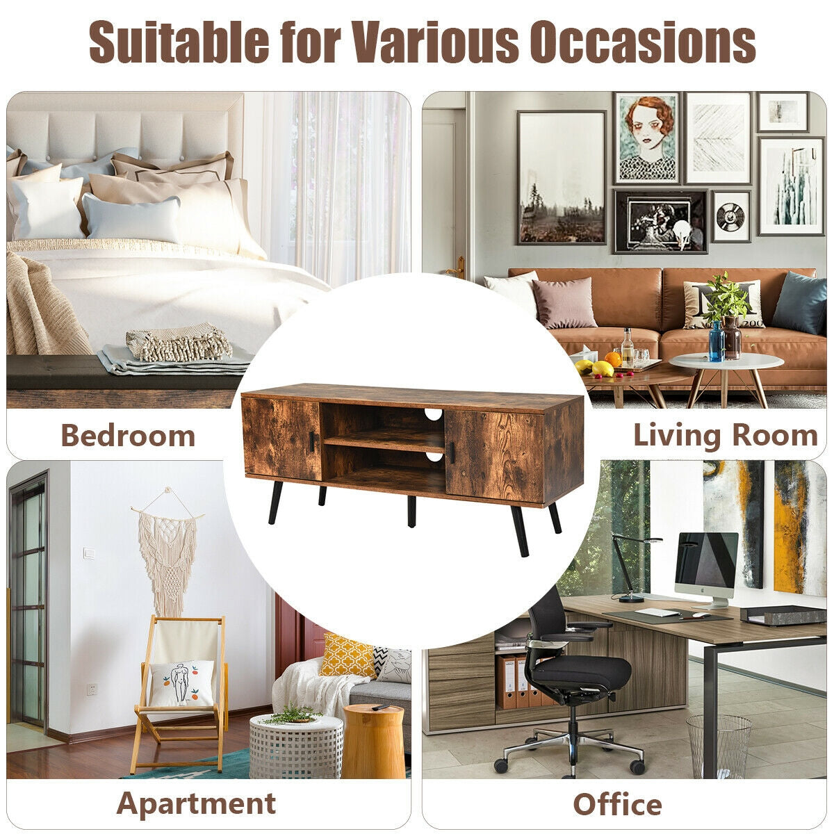 Industrial Style TV Console with Cabinets in Rustic Brown Finish