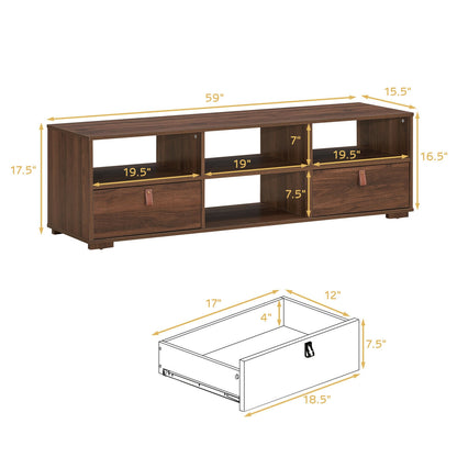 Wood TV Console with Drawers and Open Shelves for 60 Inch TVs in Walnut