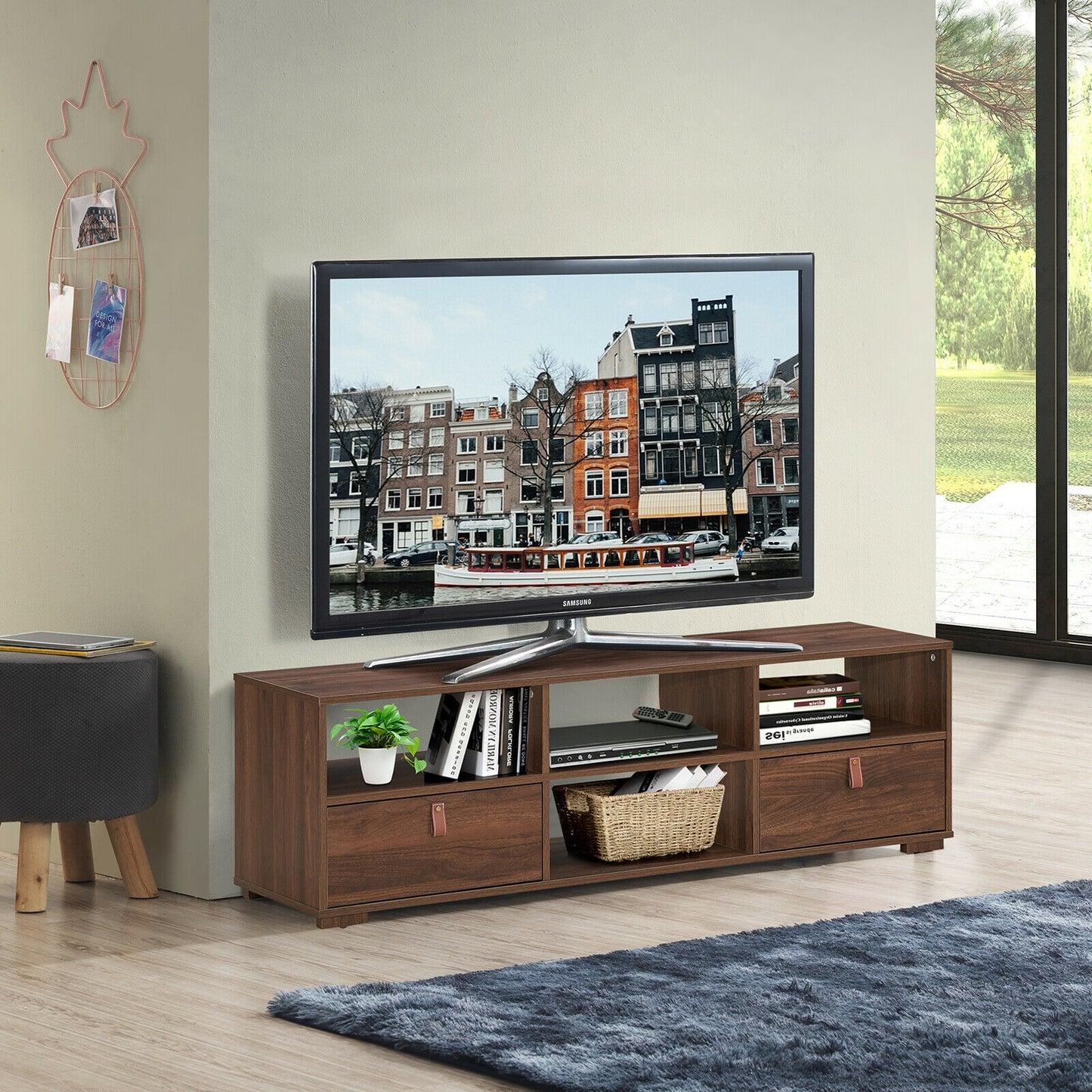 Wood TV Console with Drawers and Open Shelves for 60 Inch TVs in Walnut