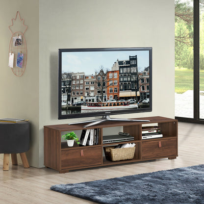 Wood TV Console with Drawers and Open Shelves for 60 Inch TVs in Walnut