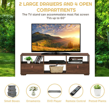 Wood TV Console with Drawers and Open Shelves for 60 Inch TVs in Walnut
