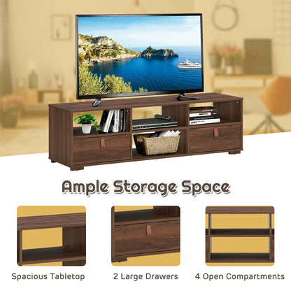 Wood TV Console with Drawers and Open Shelves for 60 Inch TVs in Walnut