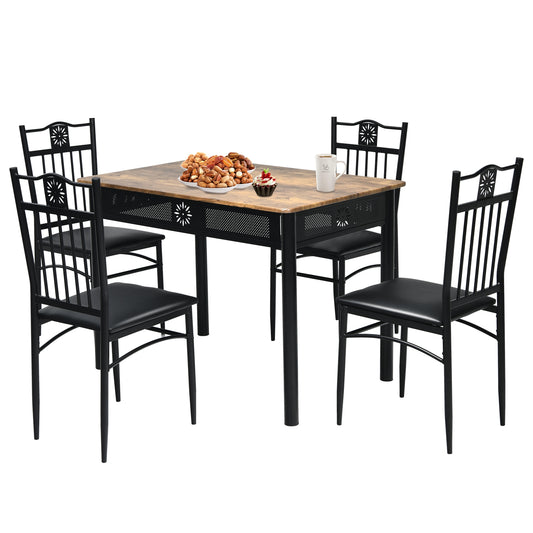 5 Piece Modern Dining Table Set with Cushioned Chairs and Metal Frame Space Saving Design - Black