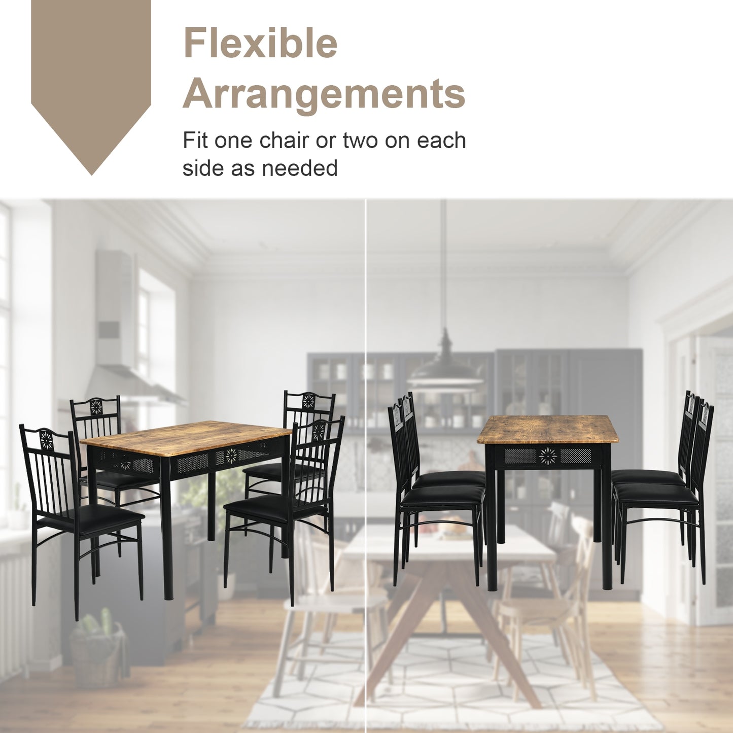 5 Piece Modern Dining Table Set with Cushioned Chairs and Metal Frame Space Saving Design - Black