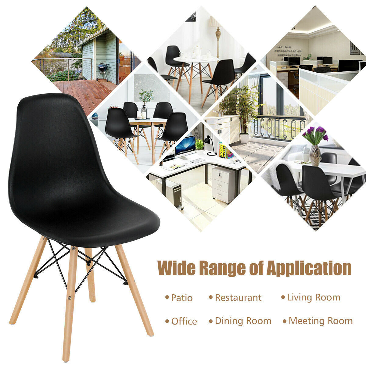 Mid-Century Modern Dining Chairs with Wooden Legs Black, Set of 4