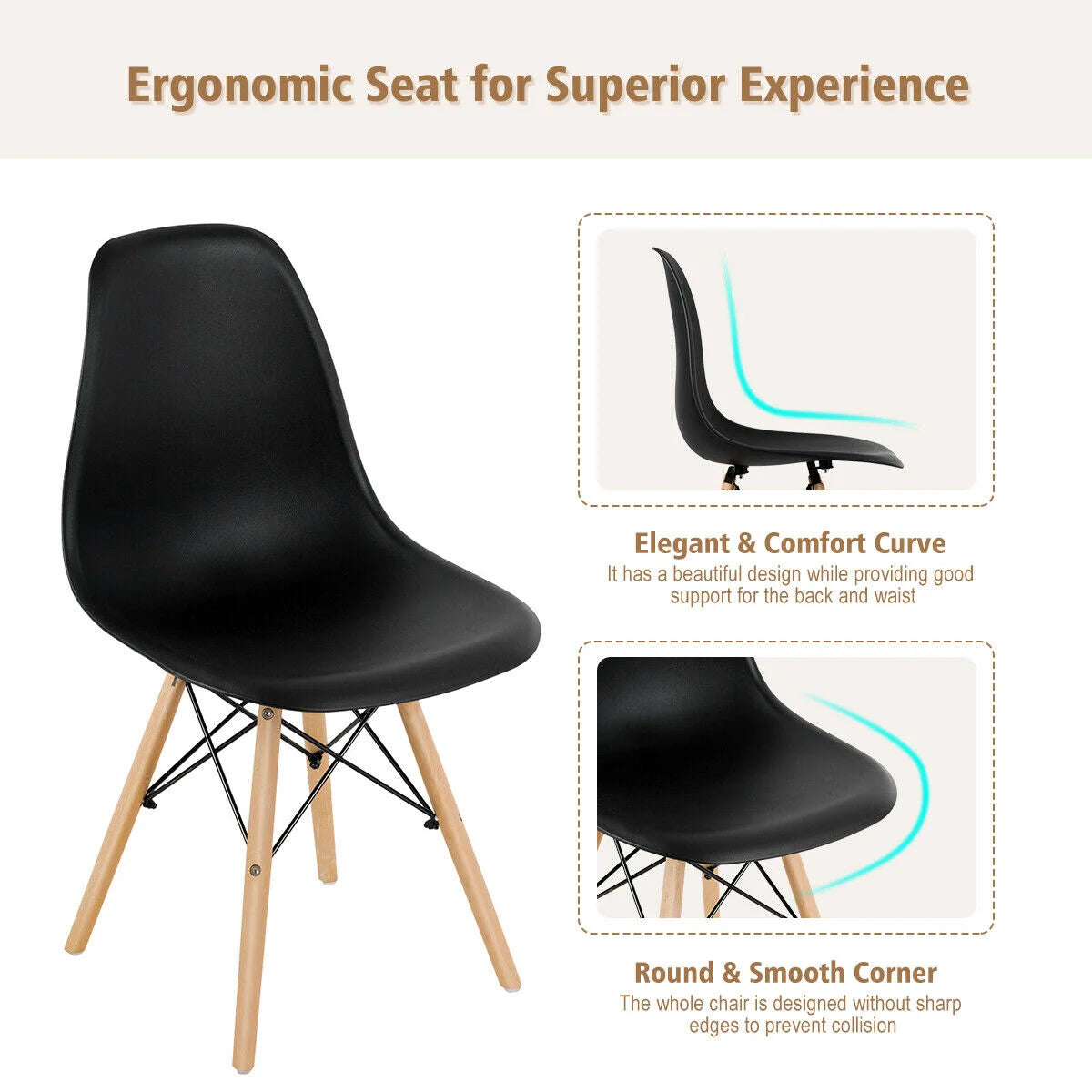 Mid-Century Modern Dining Chairs with Wooden Legs Black, Set of 4