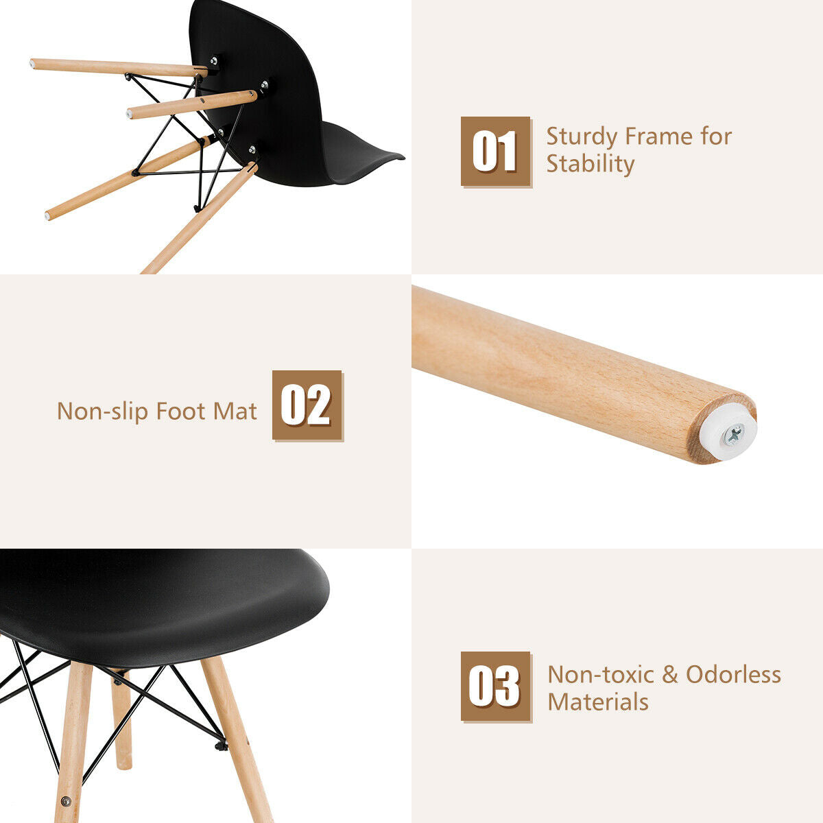 Mid-Century Modern Dining Chairs with Wooden Legs Black, Set of 4