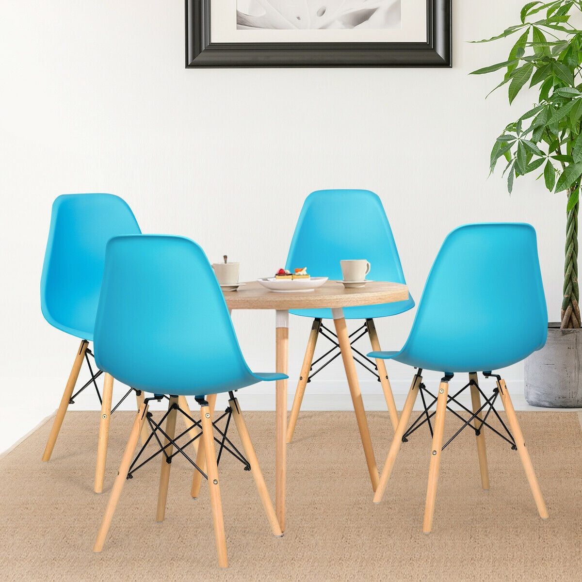 Mid-Century Modern Dining Chairs with Wooden Legs Blue, Set of 4