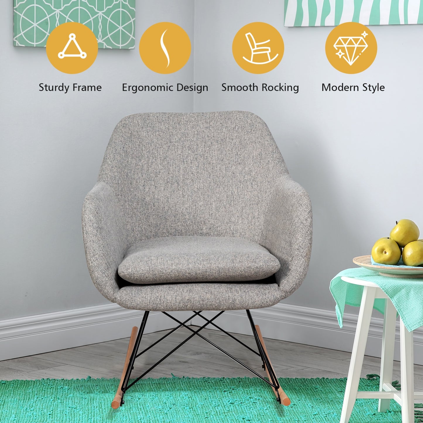 Contemporary Linen Rocking Chair with Padded Seat and Beech Wood Legs