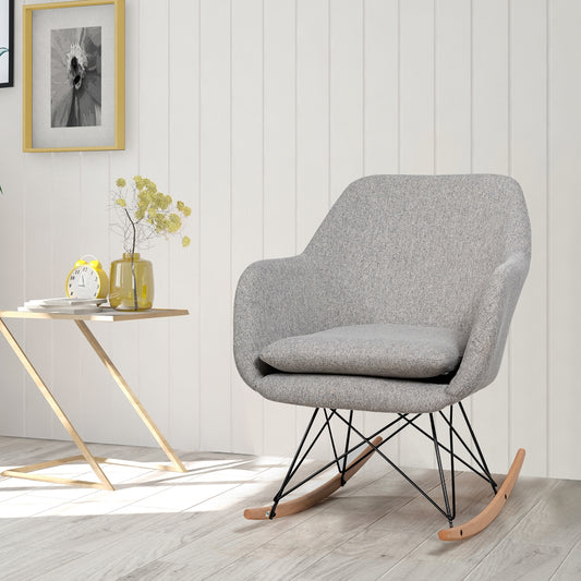 Contemporary Linen Rocking Chair with Padded Seat and Beech Wood Legs