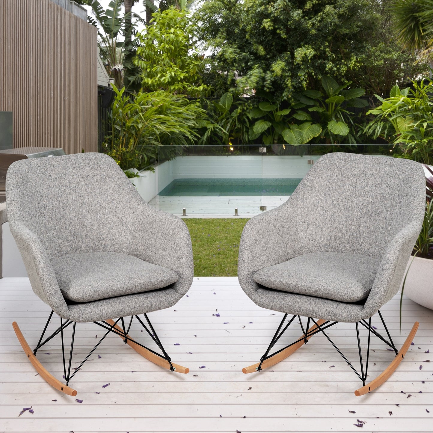 Contemporary Linen Rocking Chair with Padded Seat and Beech Wood Legs