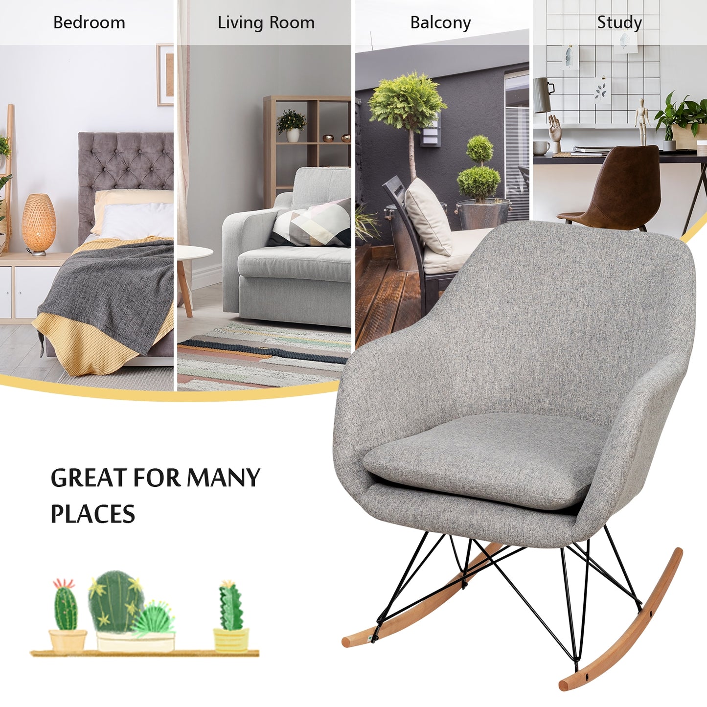 Contemporary Linen Rocking Chair with Padded Seat and Beech Wood Legs