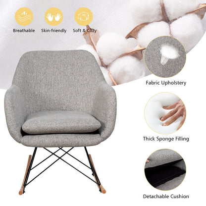 Contemporary Linen Rocking Chair with Padded Seat and Beech Wood Legs