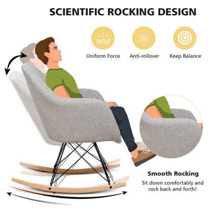 Contemporary Linen Rocking Chair with Padded Seat and Beech Wood Legs