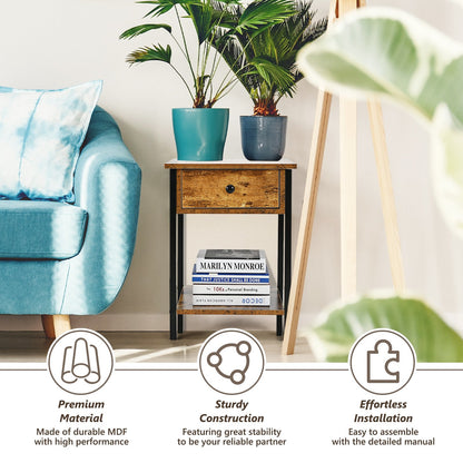 End Table with Drawer and Shelf – Industrial Nightstand, Rustic Brown