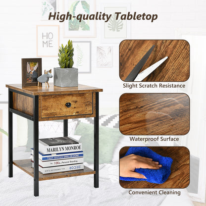 End Table with Drawer and Shelf – Industrial Nightstand, Rustic Brown