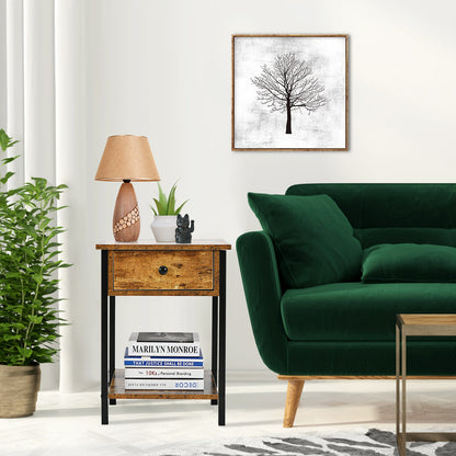 End Table with Drawer and Shelf – Industrial Nightstand, Rustic Brown