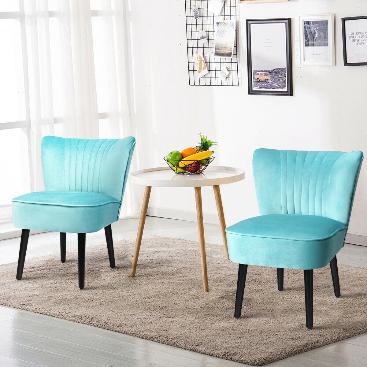 Set of 2 Modern Armless Upholstered Accent Chairs in Turquoise