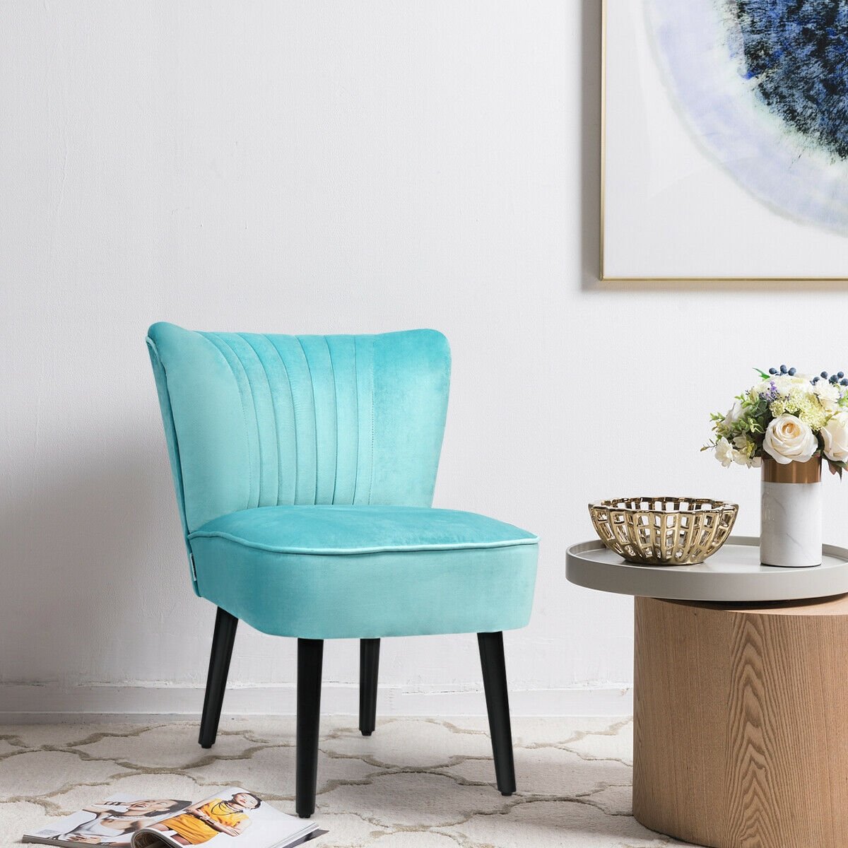 Set of 2 Modern Armless Upholstered Accent Chairs in Turquoise