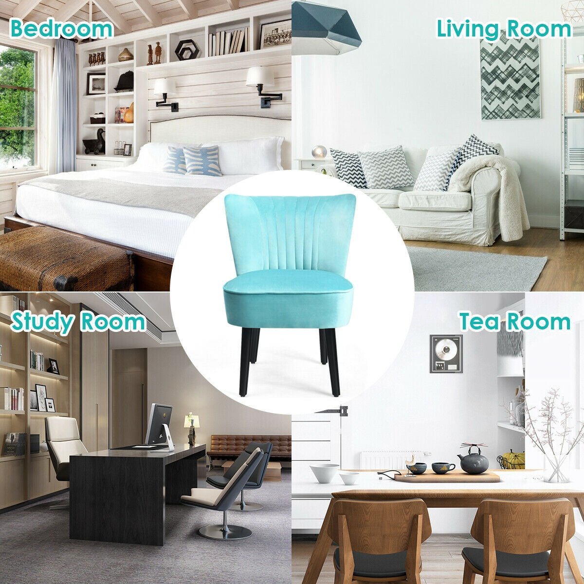 Set of 2 Modern Armless Upholstered Accent Chairs in Turquoise