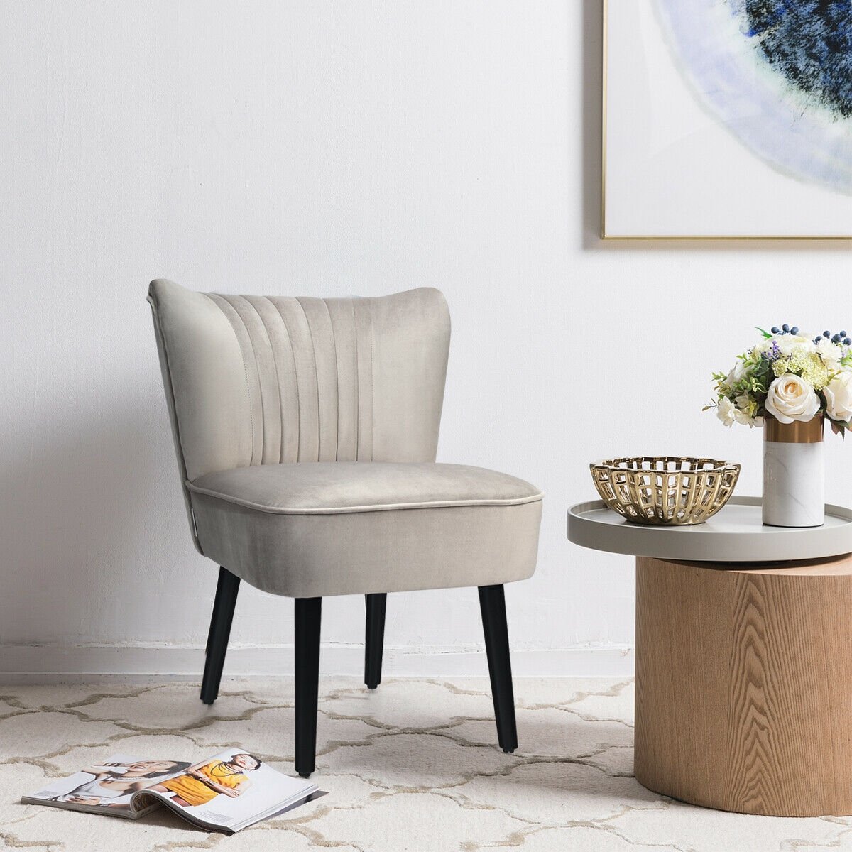 Set of 2 Modern Armless Upholstered Accent Chairs in Brown