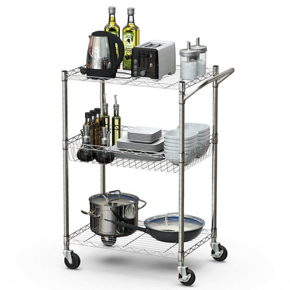 Adjustable 3-Tier Rolling Utility Cart with Handle and Locking Wheels
