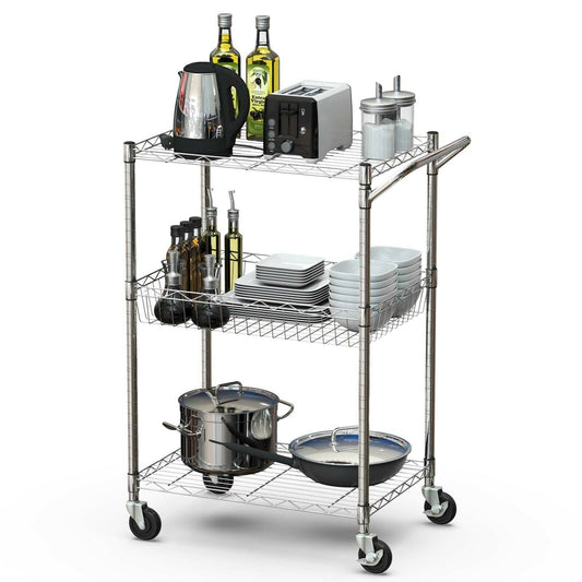 Adjustable 3-Tier Rolling Utility Cart with Handle and Locking Wheels