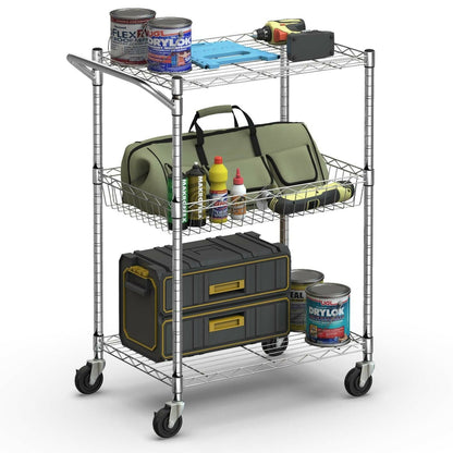 Adjustable 3-Tier Rolling Utility Cart with Handle and Locking Wheels