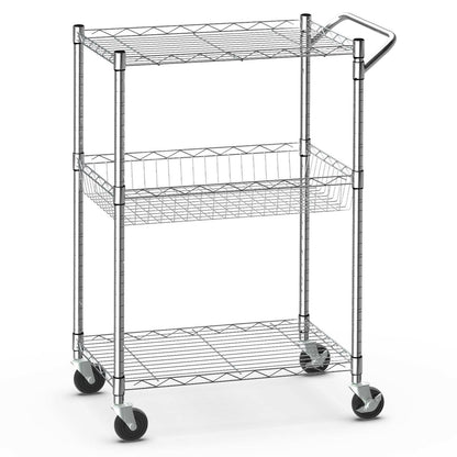 Adjustable 3-Tier Rolling Utility Cart with Handle and Locking Wheels
