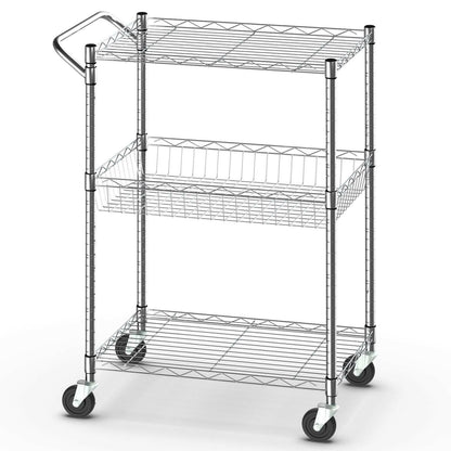 Adjustable 3-Tier Rolling Utility Cart with Handle and Locking Wheels