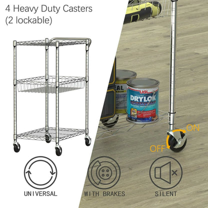 Adjustable 3-Tier Rolling Utility Cart with Handle and Locking Wheels