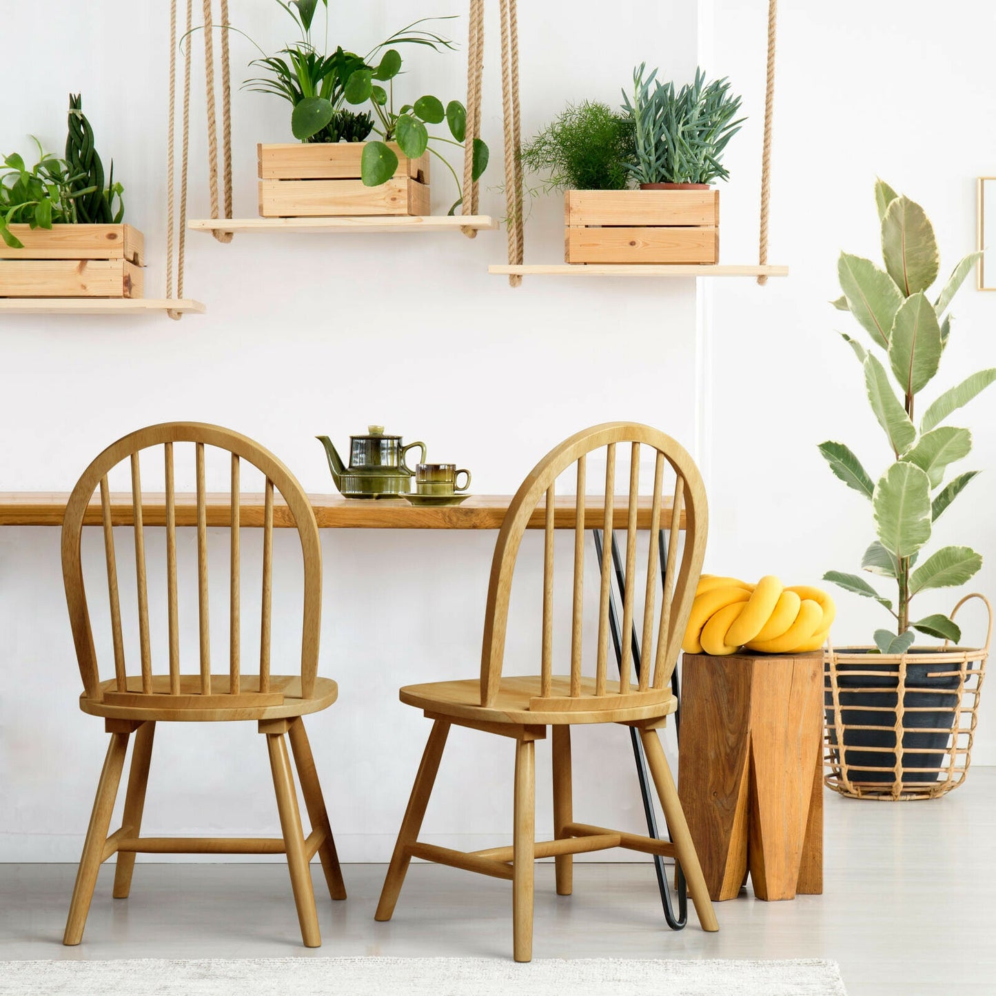 Pair of Vintage Windsor Wooden Dining Chairs with Spindle Back in Natural Finish