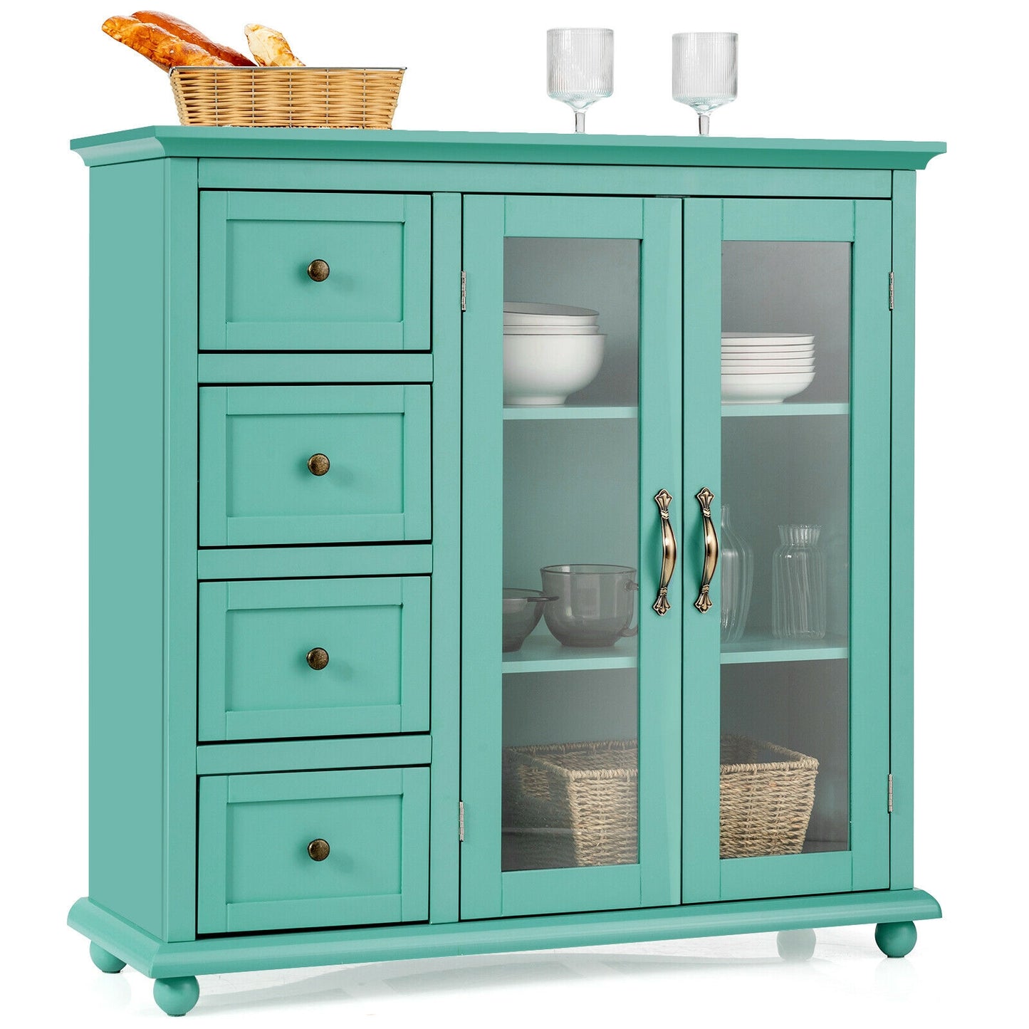 Buffet Sideboard Cabinet with Glass Doors and Storage Drawers for Kitchen or Dining Room - Green