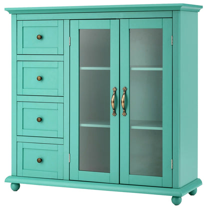Buffet Sideboard Cabinet with Glass Doors and Storage Drawers for Kitchen or Dining Room - Green