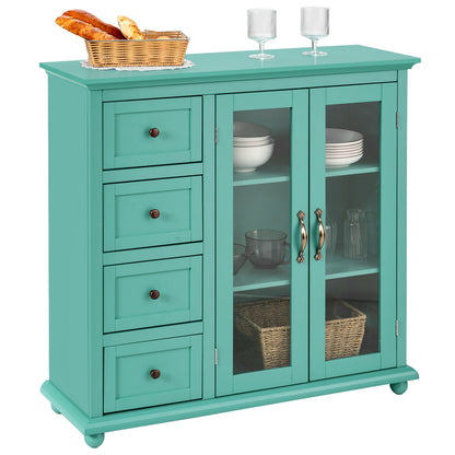 Buffet Sideboard Cabinet with Glass Doors and Storage Drawers for Kitchen or Dining Room - Green