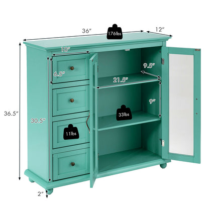 Buffet Sideboard Cabinet with Glass Doors and Storage Drawers for Kitchen or Dining Room - Green