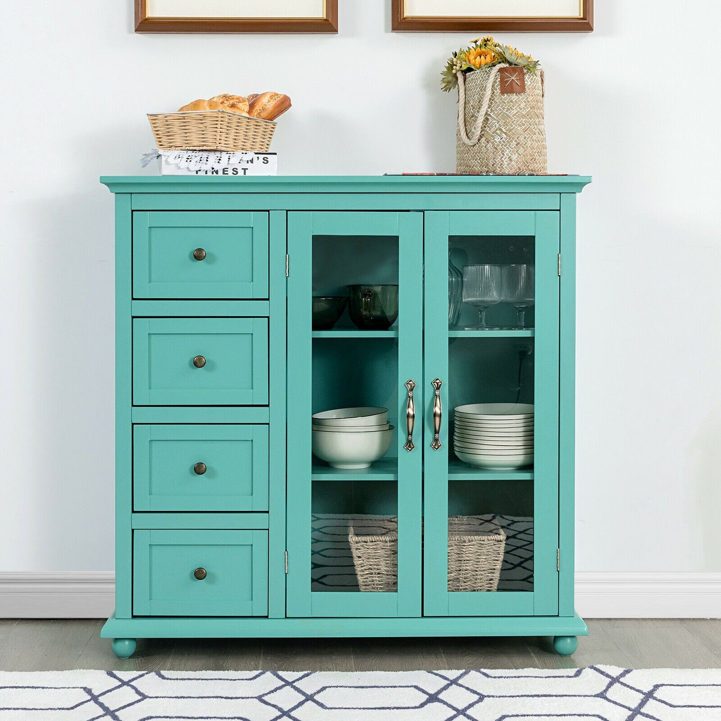 Buffet Sideboard Cabinet with Glass Doors and Storage Drawers for Kitchen or Dining Room - Green
