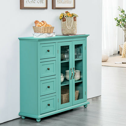 Buffet Sideboard Cabinet with Glass Doors and Storage Drawers for Kitchen or Dining Room - Green
