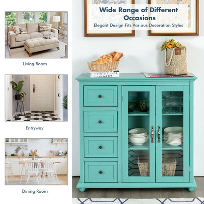 Buffet Sideboard Cabinet with Glass Doors and Storage Drawers for Kitchen or Dining Room - Green
