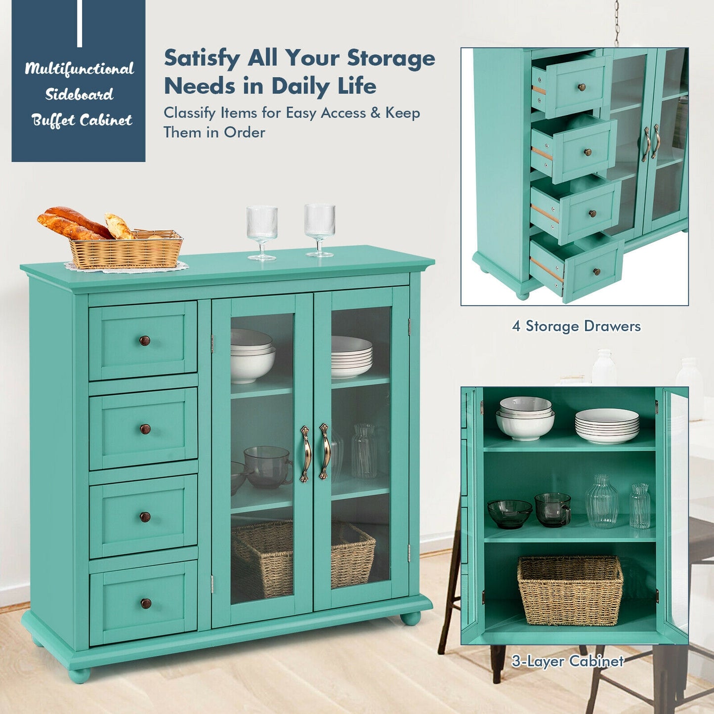 Buffet Sideboard Cabinet with Glass Doors and Storage Drawers for Kitchen or Dining Room - Green