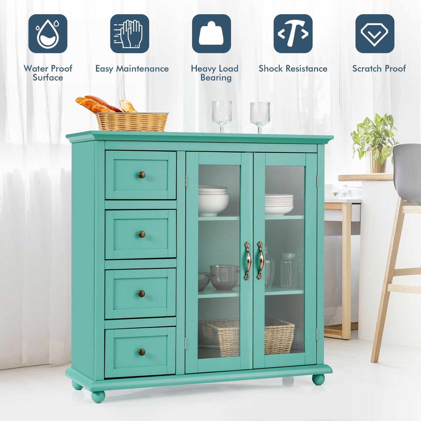 Buffet Sideboard Cabinet with Glass Doors and Storage Drawers for Kitchen or Dining Room - Green