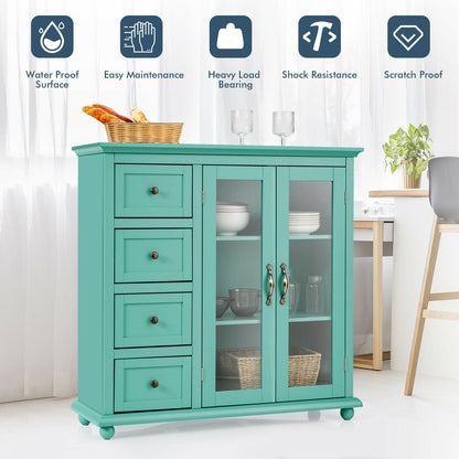 Buffet Sideboard Cabinet with Glass Doors and Storage Drawers for Kitchen or Dining Room - Green